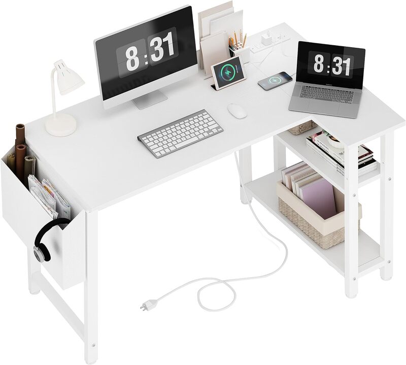 Lufeiya White L Shaped Computer Desk with Power Outlet Shelves, 40 Inch Small Corner Desk for Small Space Home Office,