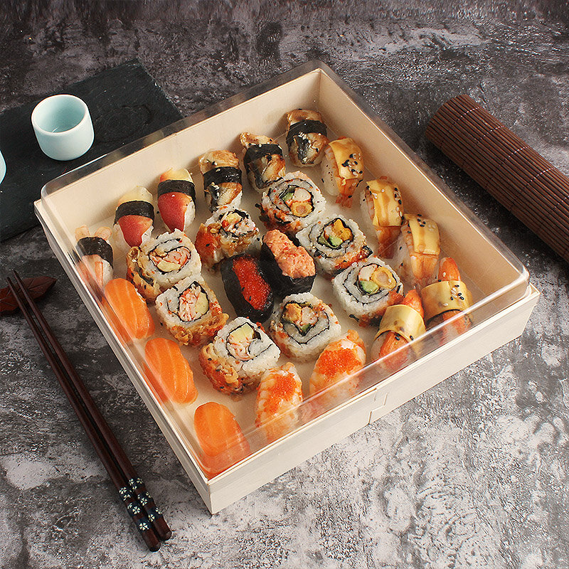 Kunden spezifische Produkt-Öko-Kuchen verpackung Einweg-Mittagessen Sushi-Box im japanischen Stil Holz-Takeout-Box Lunchbox