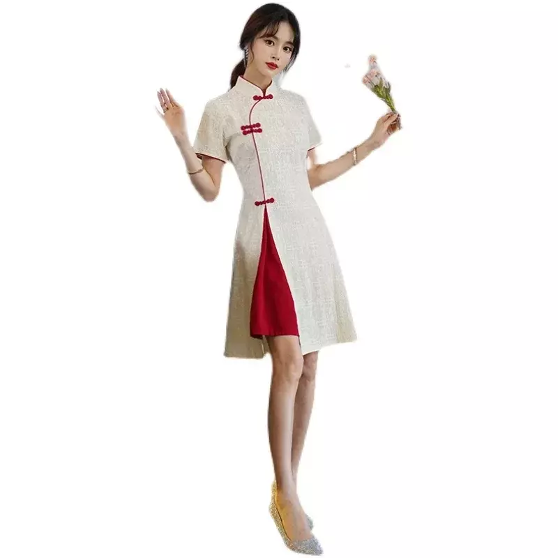 Gaun pesta musim panas, gaun Qipao wanita kasual Tradisional Cina Vintage Cheongsam lengan pendek kerah berdiri
