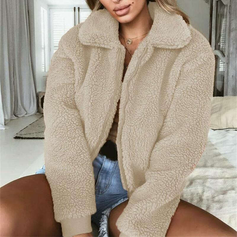 여성용 단색 코트 아늑한 플러시 여성 재킷, 따뜻한 세련된 기능성 아우터, 라펠 포켓, 탄성 커프스, 부드러운 겨울