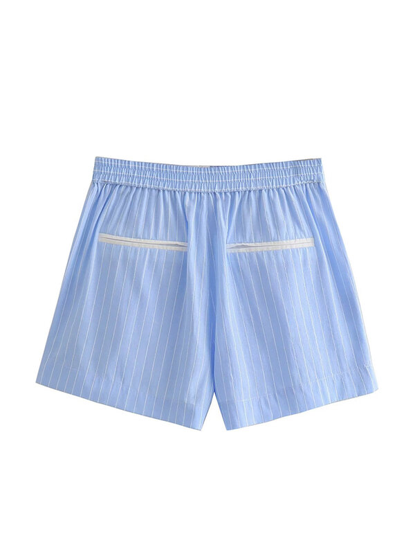 TRAF-2-Piece shorts e camisas listradas para mulheres, tops e shorts, roupas casuais, cores contrastantes, nova moda, 2023