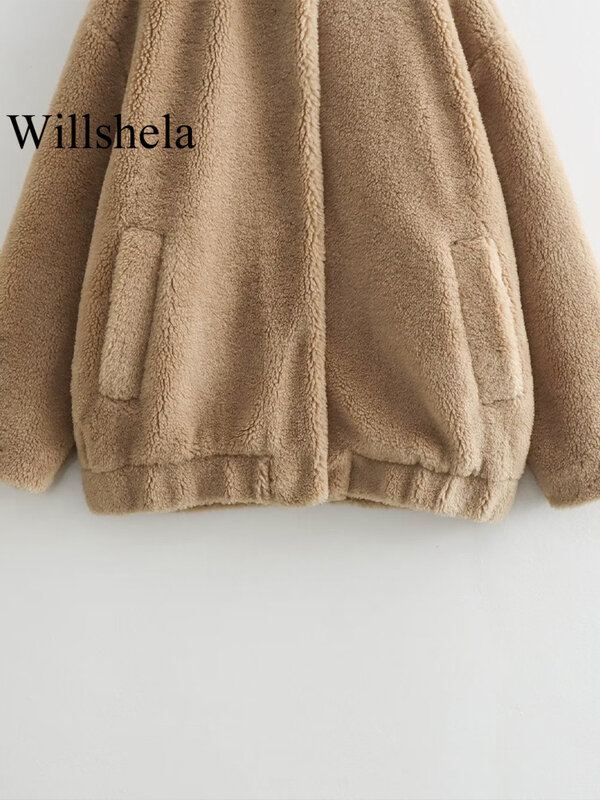 Willshela Women Fashion Fleece Khaki Single Breasted Bomber Jackets Vintage O-Neck Long Sleeves Female Chic Lady Outfits