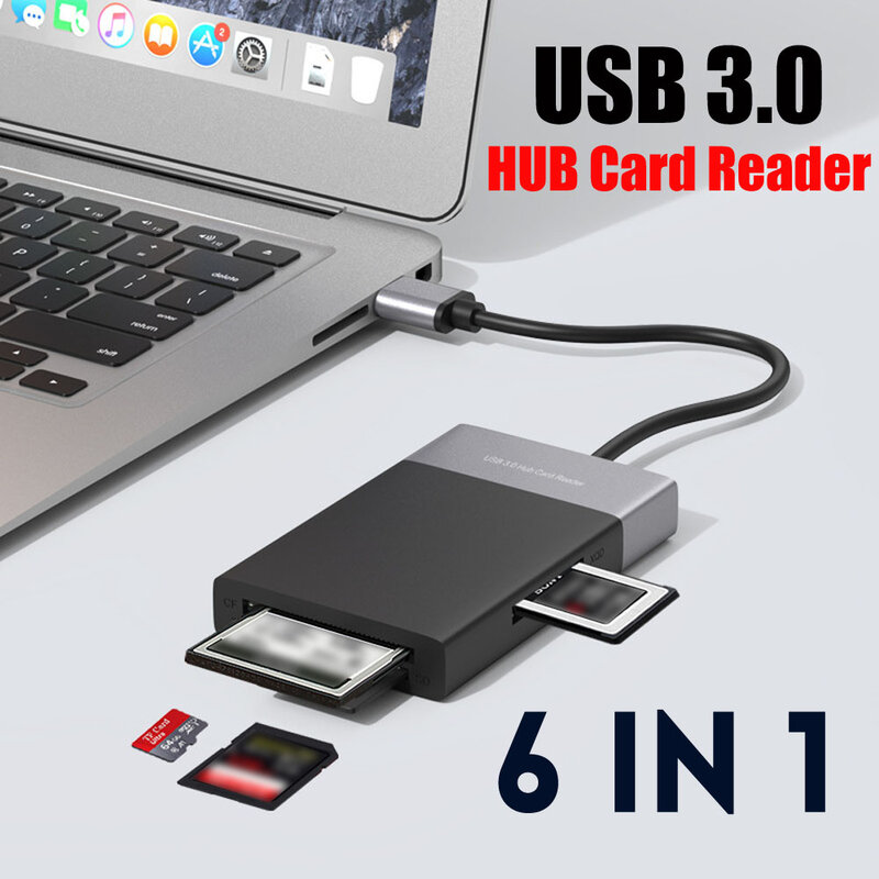 Adaptateur de lecteur de carte HUB pour Windows, 6 en 1, USB 3.0, CF, XQD, SD, TF