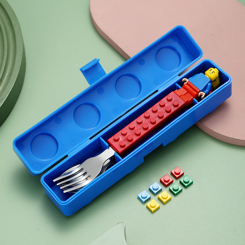 304 Stainless Building Block Fork Spoon Set Children Toys Cartoon Steel Tableware Portable Storage Jigsaw Puzzle Toys