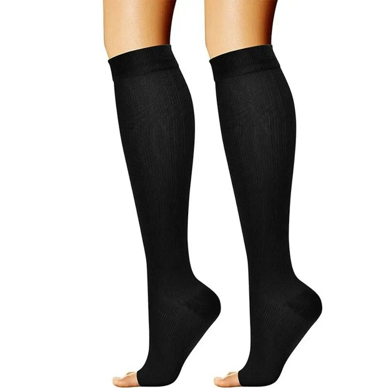 Calcetines médicos de compresión con punta abierta para hombre y mujer, medias deportivas hasta la rodilla, color negro, talla S/M/L/XL/XXL