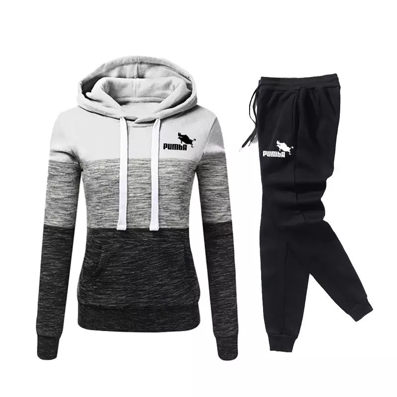 Women Tracksuit Hooded Sweatshirt + Pants Suit Female Color Block Casual Jogging Pullovers Lady Sport Trousers Outfits 2024