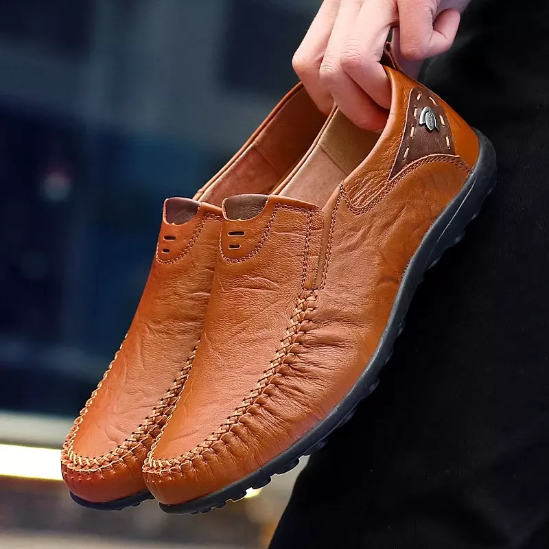 Zapatos informales de piel auténtica para hombre, mocasines cómodos, transpirables, sin cordones, color negro, talla grande 47