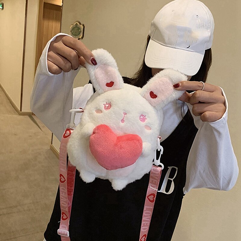 Saco bonito do mensageiro do coelho para meninas, bolsa de ombro, bolsa do coração, branco e rosa, NEW-2X, armazenamento
