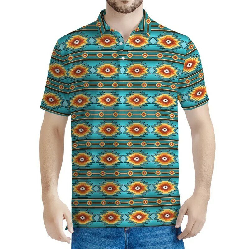 Рубашка-поло мужская с геометрическим рисунком, Топ оверсайз с коротким рукавом и лацканами, в стиле древнего навахо, лето