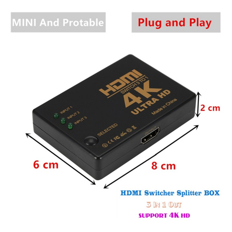 GRWIBEOU HDMI Schalter 4K Switcher 3 in 1 heraus HD 1080P Video Kabel Splitter 1x3 Hub adapter Konverter für PS4/3 TV Box HDTV PC