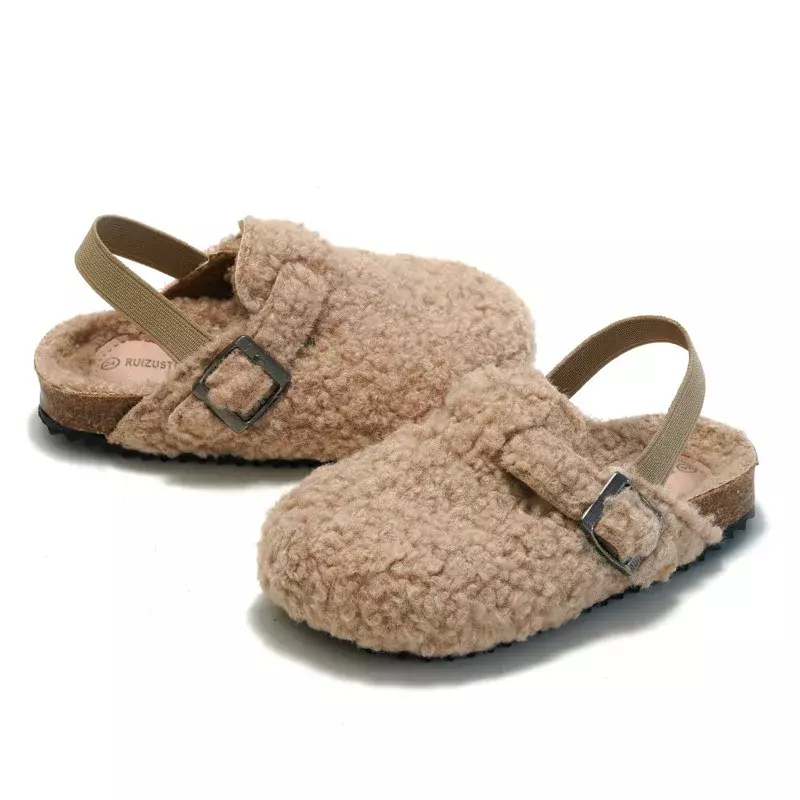 Sandal bulu elastis anak-anak, sandal mewah bayi laki-laki dan perempuan, sepatu sol lembut hangat musim dingin, Alas Kaki Anti selip