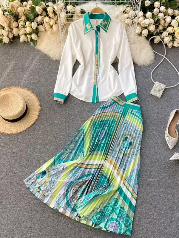 TIFICY Fashion Runway Midi Skirt Sets Women's Long Sleeve Contrast Color Green White Shirt and Pleated Skirts Two Piece Set