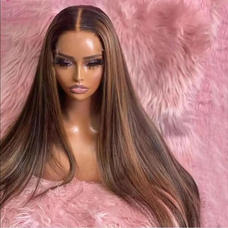 Soft Long Highlight Blonde Brown Straight 180Density Lace Front Wig For Black Women Babyhair Heat Resistant Preplucked Glueless