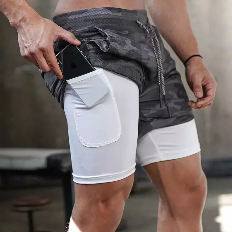 Мужские спортивные шорты для спортзала Бег дышащие тренировки для фитнеса двухслойная рубашка со скрытыми карманами повседневные камуфляжные шорты