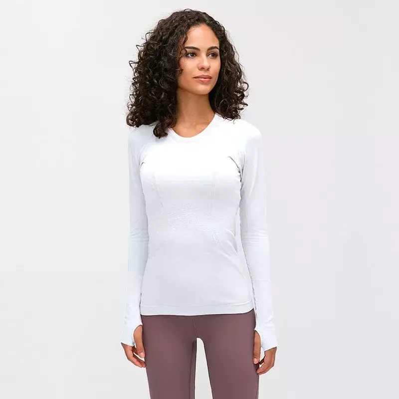 Traje de yoga para mujer, Camiseta deportiva informal de manga larga con logotipo impreso, tejido elástico transpirable de secado rápido, 1,0