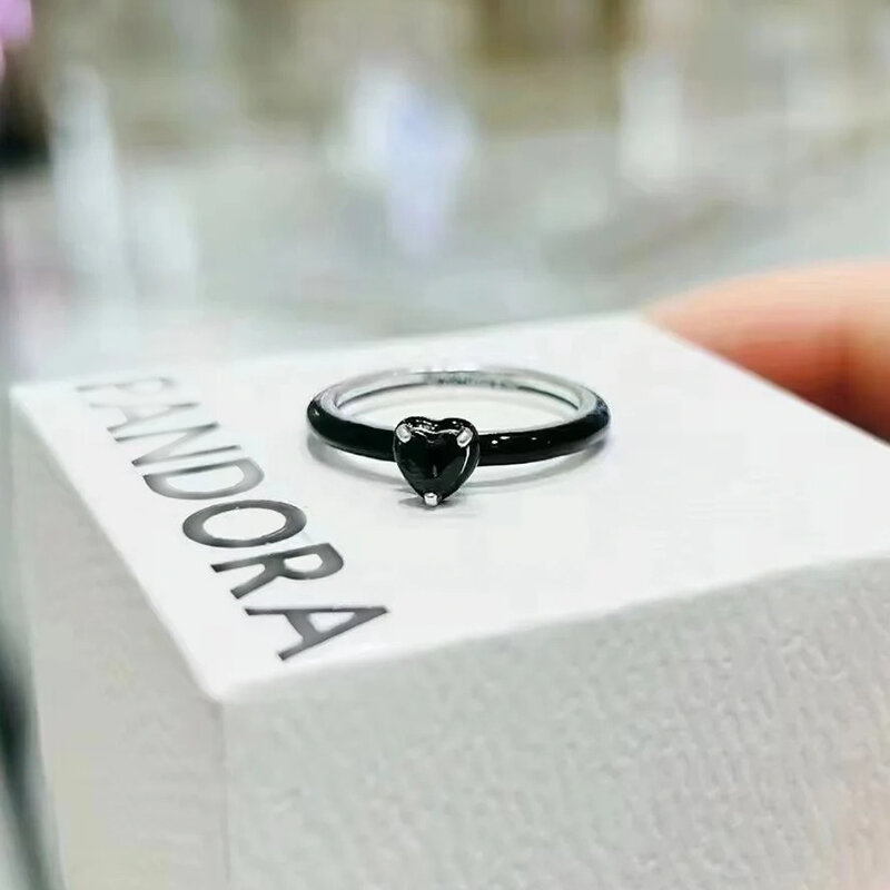 Pandora me série 925 anel de prata esterlina para mulheres, preto em forma de coração, jóias punk, presentes originais para namoradas, diy, novo, 2024