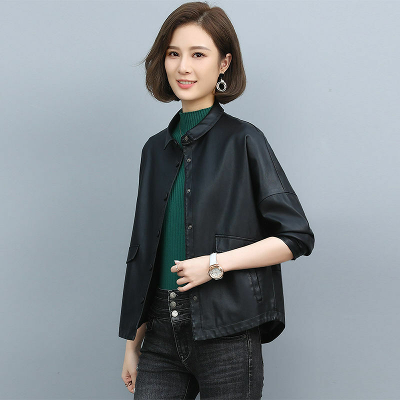 Jaket kulit PU wanita, mantel pendek longgar versi Korea, jaket kantor wanita pakaian bulu palsu kasual musim semi/gugur 2023