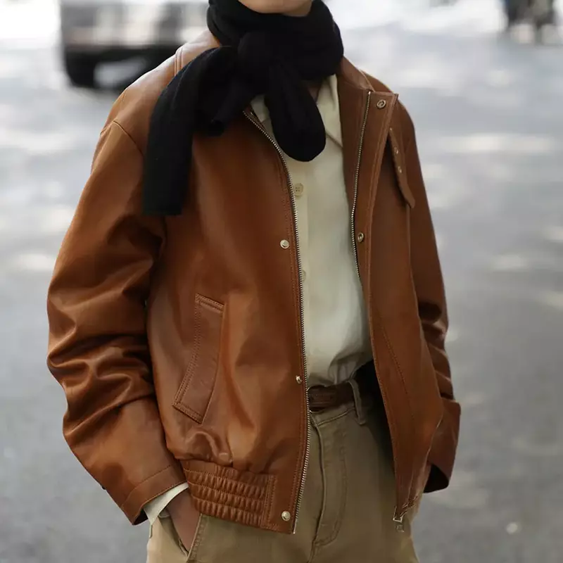 Короткая кожаная женская куртка на весну и осень, новая корейская мода, повседневный топ на молнии с пуговицами в стиле Харадзюку, элегантное тонкое кожаное пальто