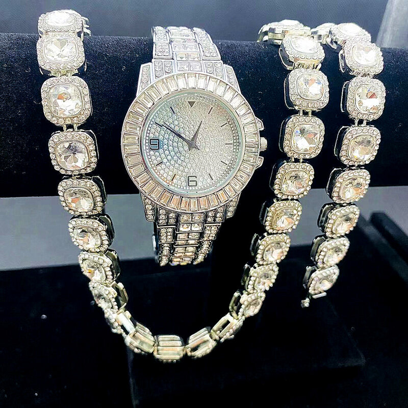 3 pezzi Hip Hop Iced Out collana cubana uomo 12MM catena da Tennis gioielli vestito argento colore strass CZ orologio per regali Rapper da uomo