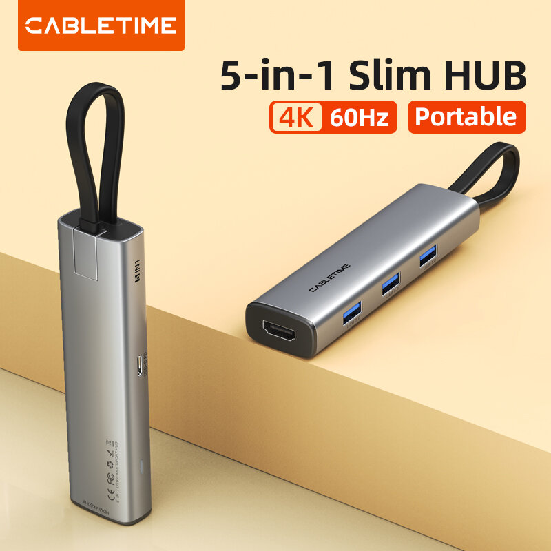 USB-концентратор CABLETIME Slim 5 в 1, совместимый с HDMI, 4K, 60 Гц, 100 Вт, USB 3,0, 5 Гбит/с