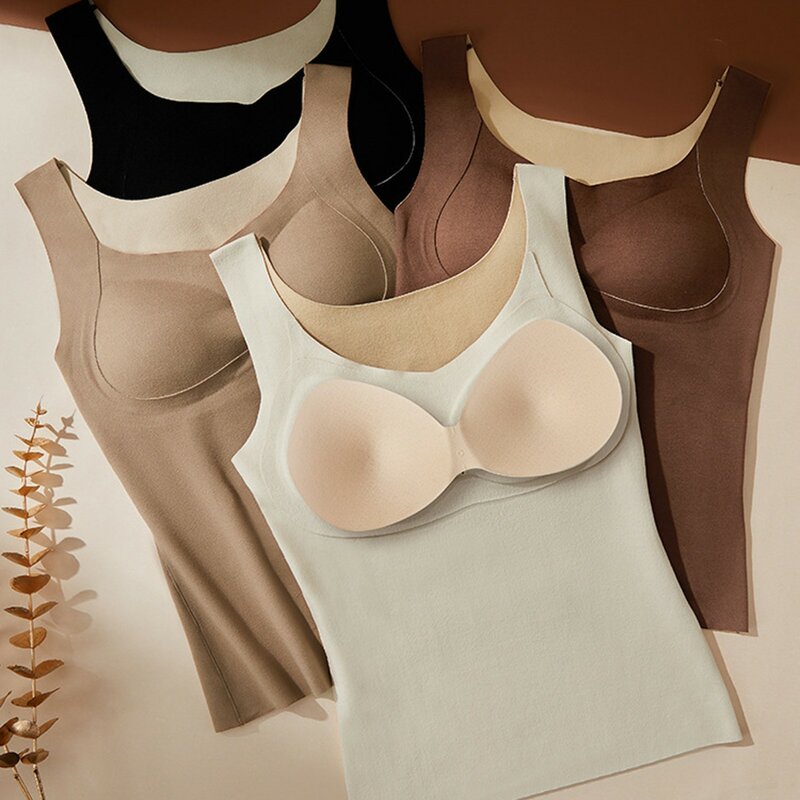 Women Thermal Underwear Tank Tops Witer Velvet Thicken Seamless Warm Vest With Breast Pads Bottoming Undershirt Inner Wear Tops
