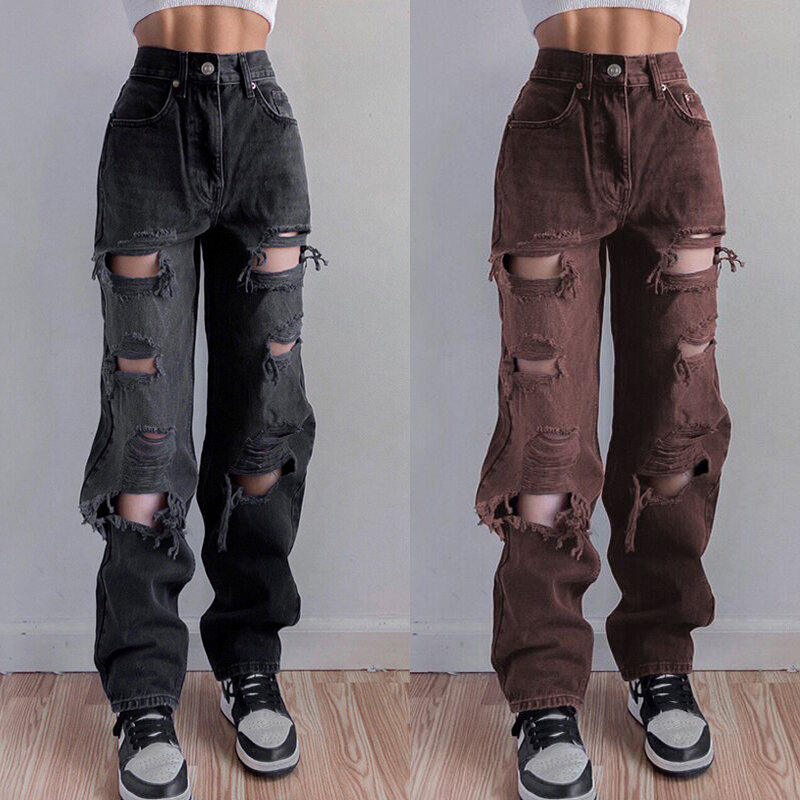 Новые уличные джинсы, женские модные джинсы, женские свободные широкие брюки с высокой талией, индивидуальные прямые брюки с дырками для девушек