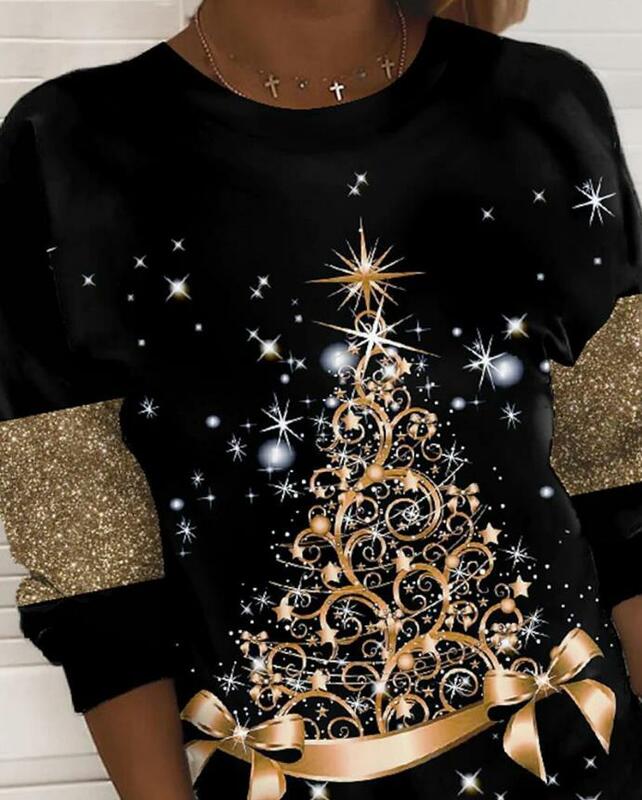 Women's Fashion Top 2024 Spring/summer Latest O-Neck Christmas Tree Star Print Long Sleeved Versatile Commuter Sweatshirt