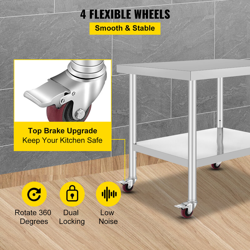 VEVOR Кухонный стол для приготовления пищи из нержавеющей стали с 4 роликовыми колесами и задней панелью грузоподъемностью до 100 кг-300 кг для домашнего обеденного стеллажа для хранения