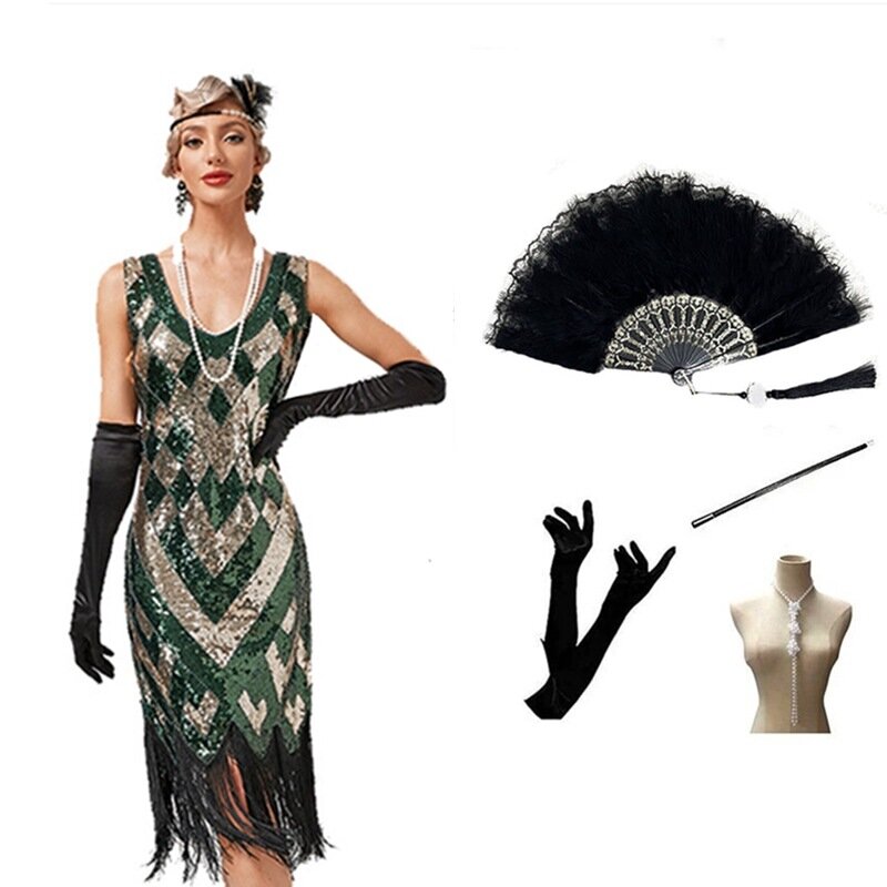 Vestido Vintage de lentejuelas con borlas para mujer, vestido de fiesta de baile con cuello en V, vestido de noche con lentejuelas, vestido de fiesta tostado, 1920