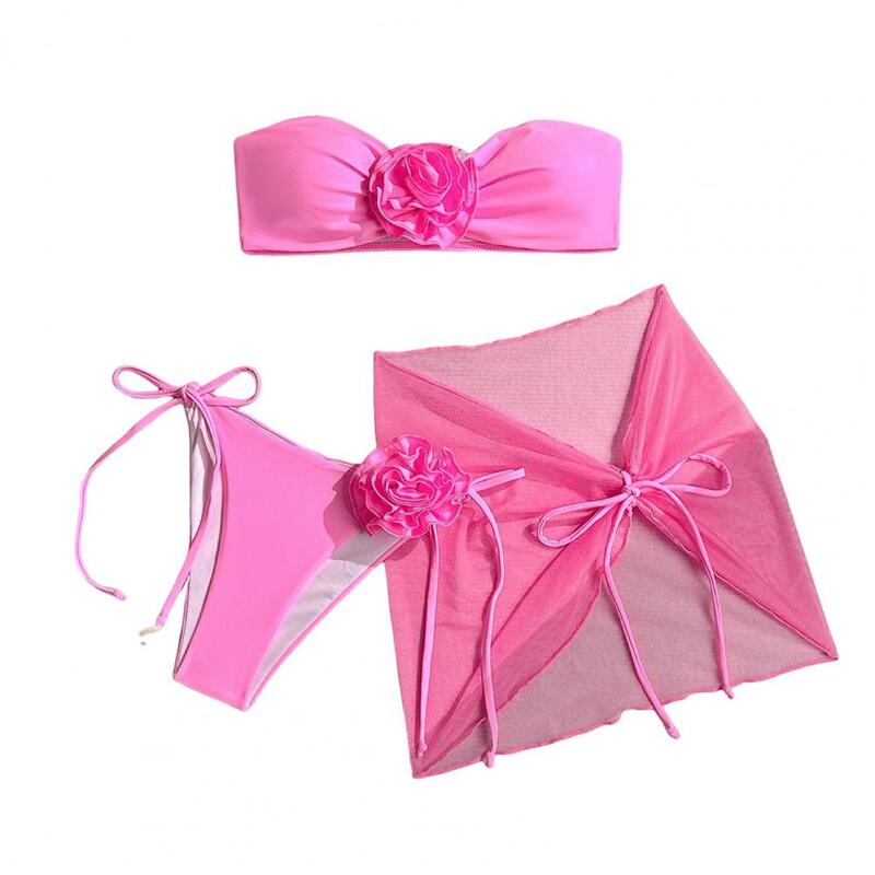 Conjunto de 3 partes para as mulheres, maiô com decoração da flor rosa 3d, sutiã bandeau, lace-up, roupas de verão