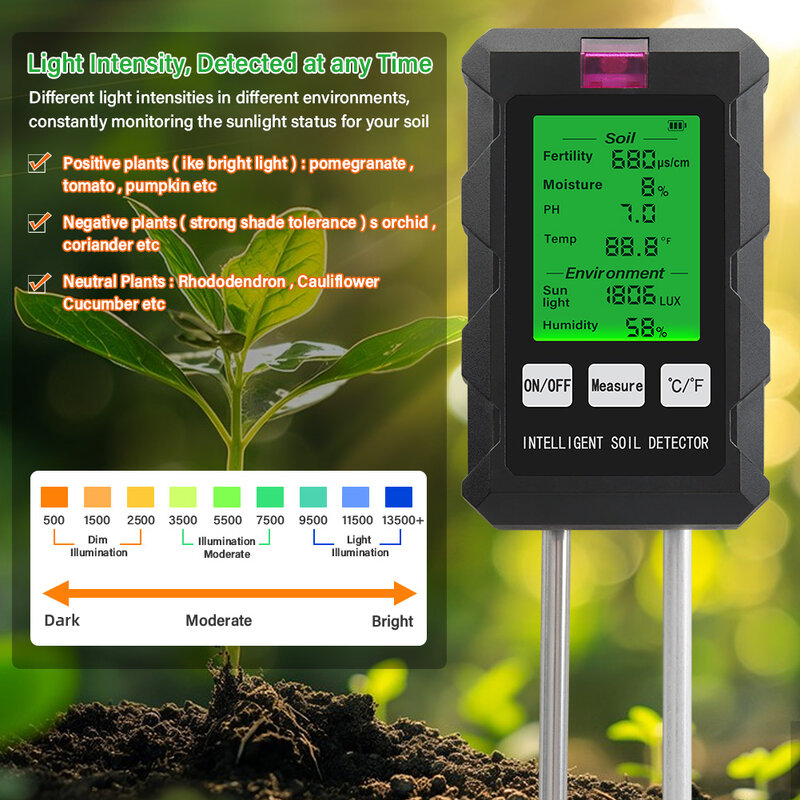 Medidor de Solo Digital Multifuncional, Higrômetro, Ph Tester, Fertilidade, Luz, Umidade, Umidade do Ar, Termômetro para Jardim