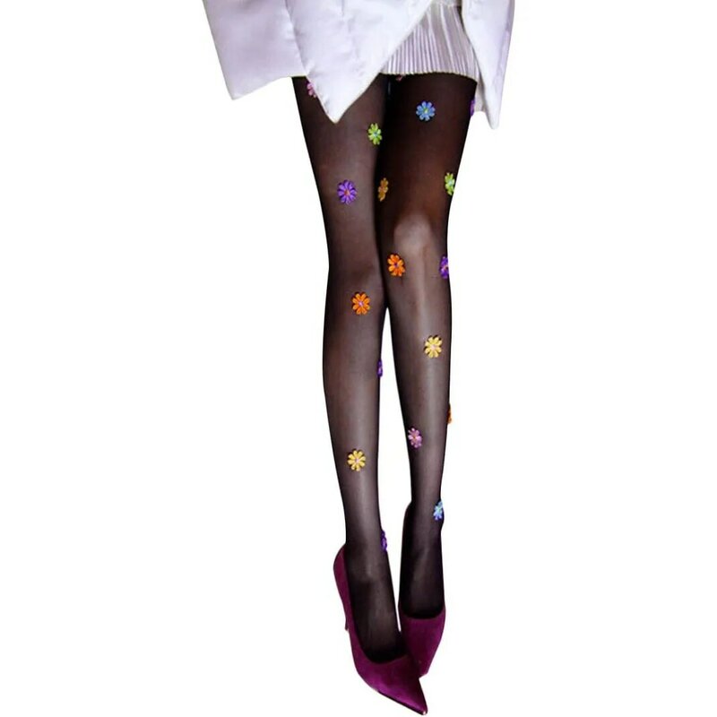 Stoking bordir ultra-tipis modis wanita, Pantyhose bordir dengan bunga berwarna-warni seksi godaan tipis tahan lari stoking sutra