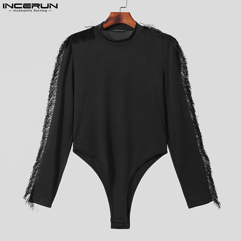 Incerun-Pena Tassel Patchwork Design Macacões para homens, Homewear sexy, triângulo confortável, bodysuits de manga comprida, S-3XL, 2022