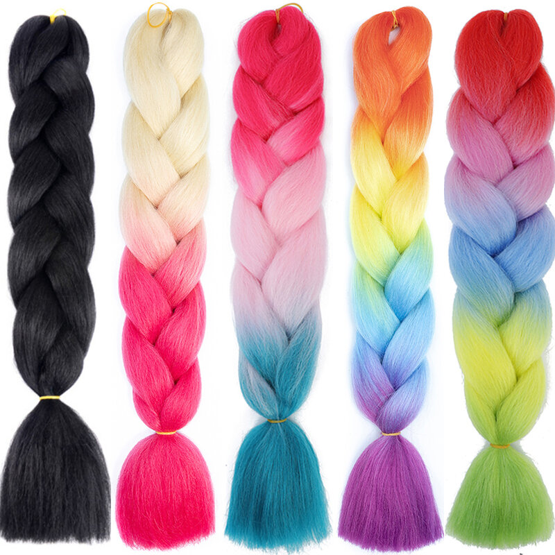 Rambut kepang sintetis 24 inci untuk wanita, rambut ekstensi Ombre sintetis warna merah muda ungu kuning abu-abu untuk wanita DIY