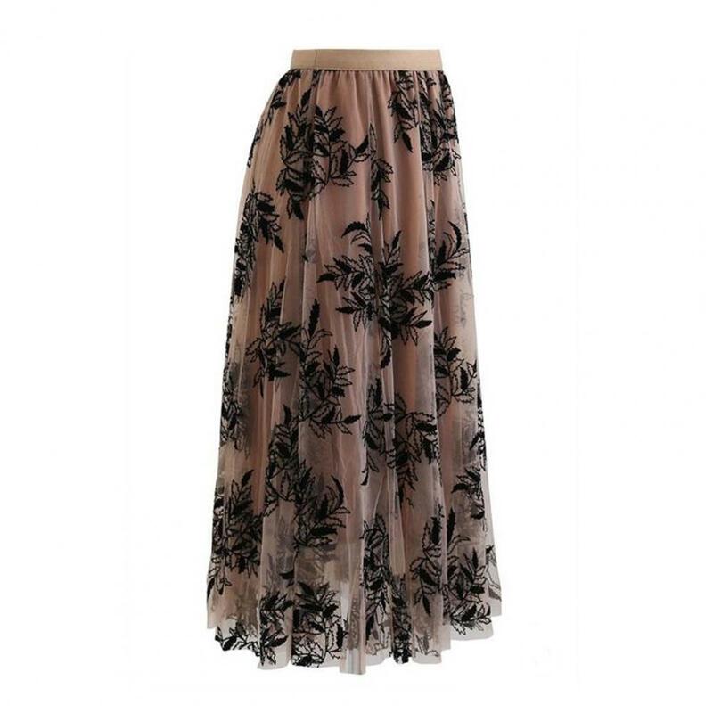 Falda Midi de tul de malla para mujer, falda elegante de línea a con estampado de hojas bordadas en 3d, diseño de cintura alta de tul de malla de doble capa