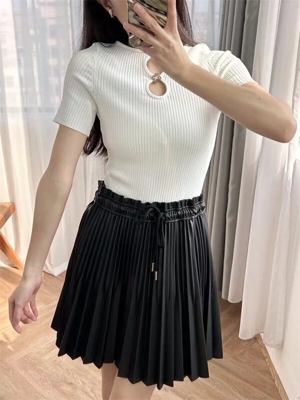 Women's White Knit Sweater Hollow Out Round Neck Short Sleeve Slim Summer 2024 Pullover