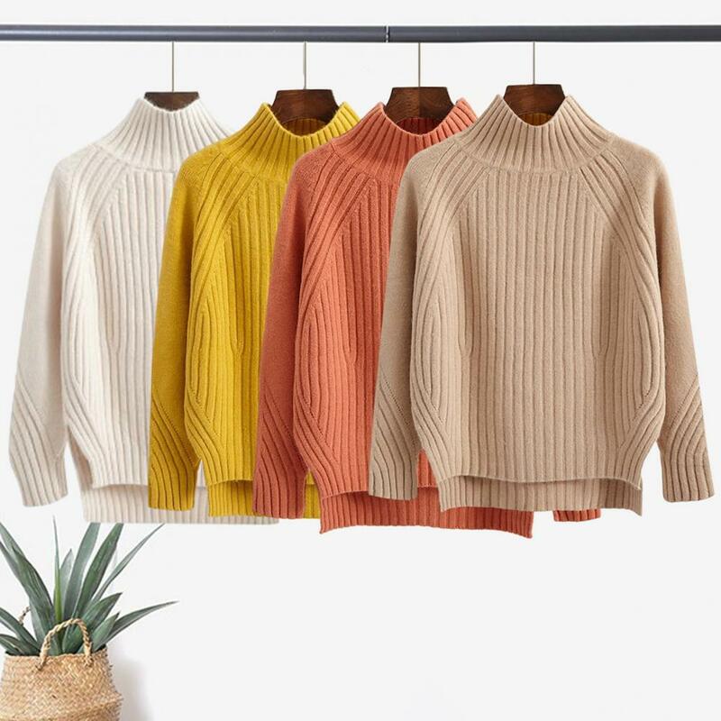 Women Sweater Cozy Knitted Women's Sweater Stylish Half-high Collar Loose Fit Irregular Split Hem for Warmth Comfort Solid Color