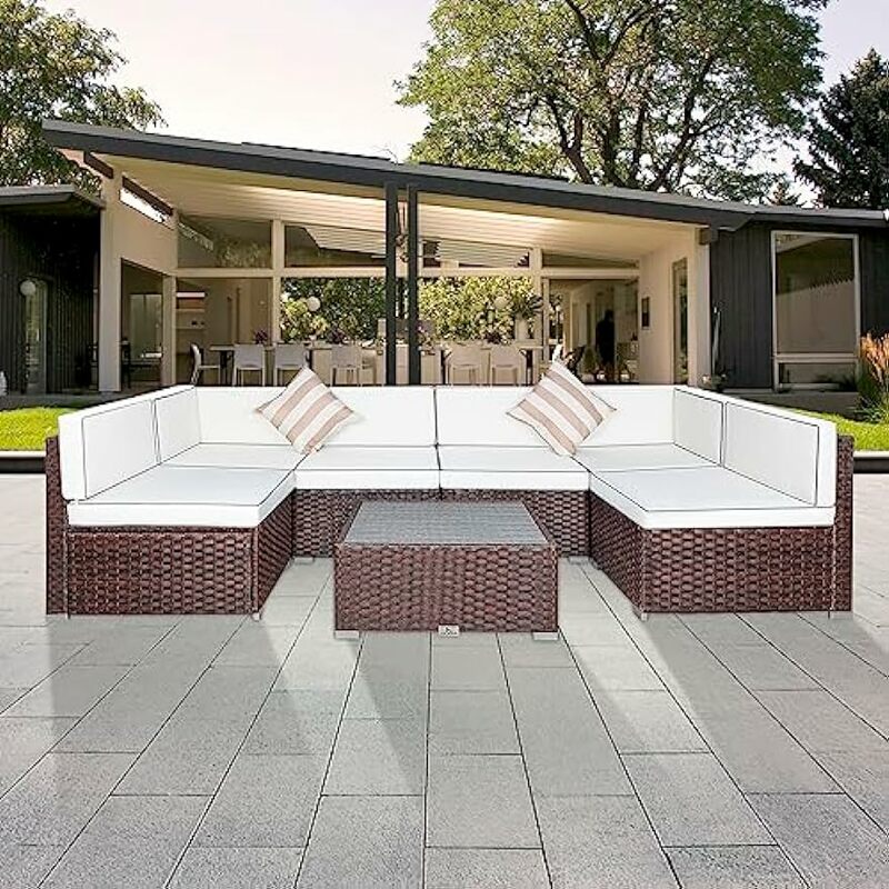 Juego de muebles de exterior con cojines, mesa de centro para jardín, terraza, junto a la piscina, color blanco crema, 7 piezas