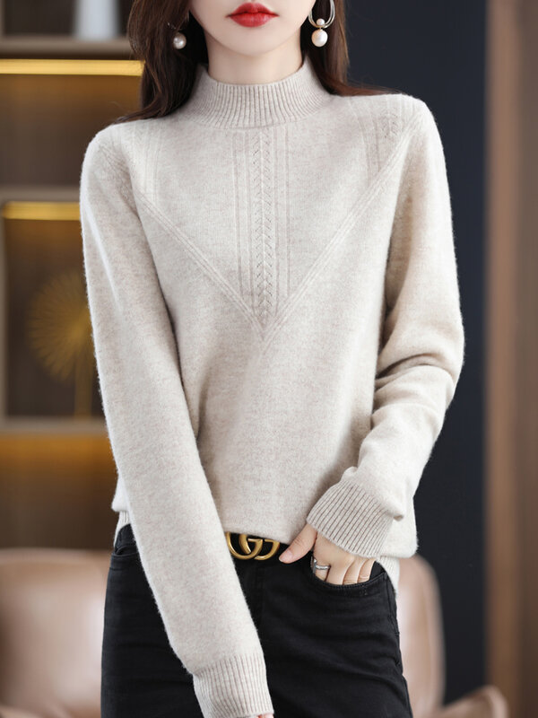 100% Merino Wool Women Sweaters Autumn Winter  Mock Neck Long Sleeve Pullover Soft Basic Bottoming Knitwear Female Clothing Tops