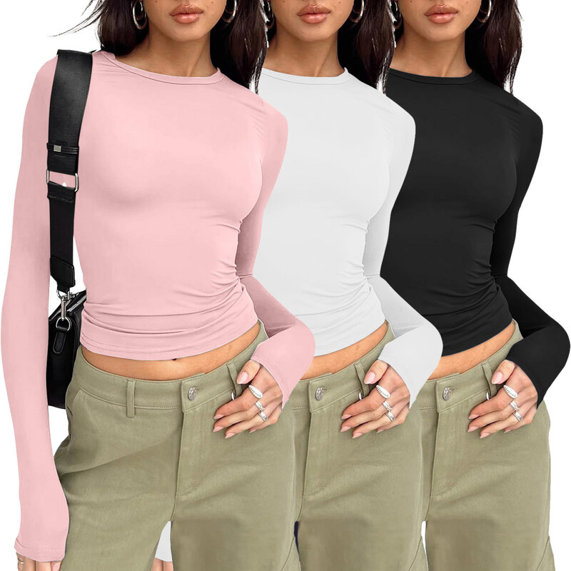 Pink Long Sleeve T-shirt Women 2024 Summer Cute White Crop Top Ladies Sexy Slim O Neck Short Sleeve Tee Shirt Y2k Basic Top