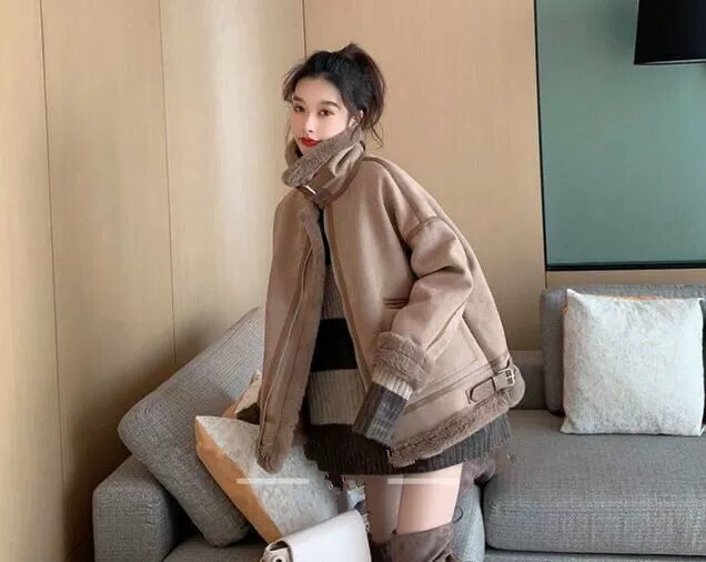 Mantel bulu domba wanita, jaket kulit wol tebal hangat Korea musim dingin 2023 untuk perempuan