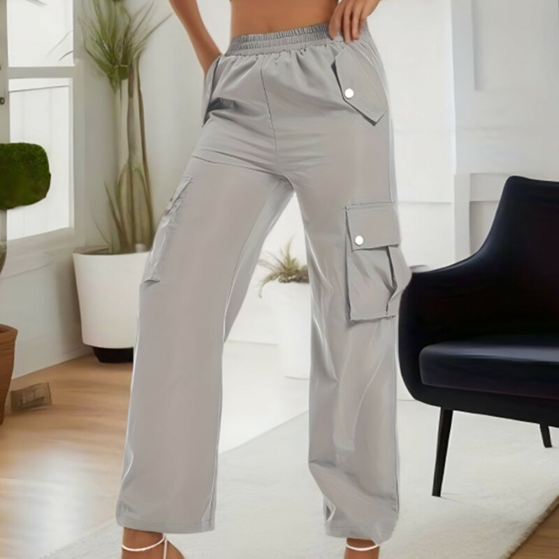 Summer Womens Vintage Grey Cargo Pants High Waist Wide Leg Jeans Baggy Casual Fashion Multiple Pockets Hip Hop Street Style