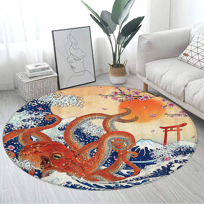 Alfombra redonda de estilo japonés, tapete de flores de cerezo de montaña, Koi, pulpo, loto, olas del mar, arte de tinta, sala de estar, decoración del hogar, alfombras de piso