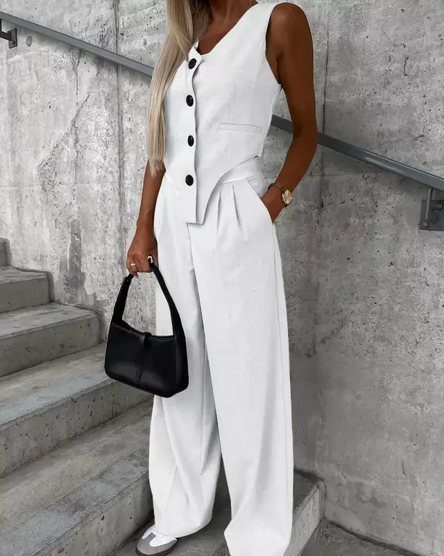 Summer Autumn Two Piece Set for Women 2023 Fashion Sleeveless Striped Vest Blazer Top and Ruched Wide Pants Set for Office Suit