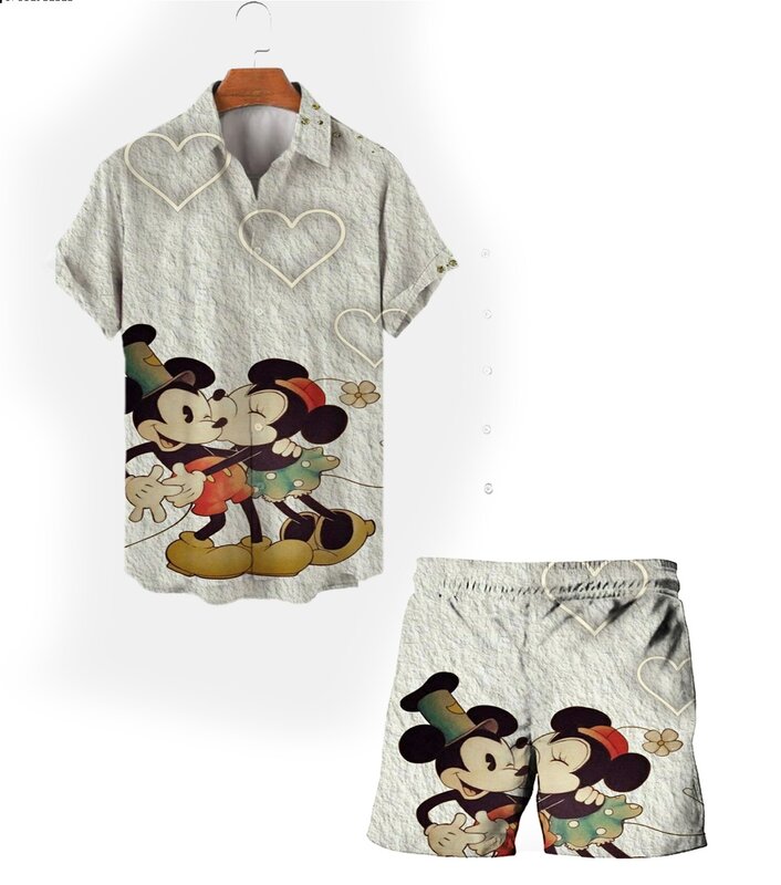 2024 Moda Gorąco sprzedająca się nowa kaczor Donald Mickey Cartoon Summer Street Casual Suit Męska koszula z krótkim rękawem i klapami Szorty plażowe