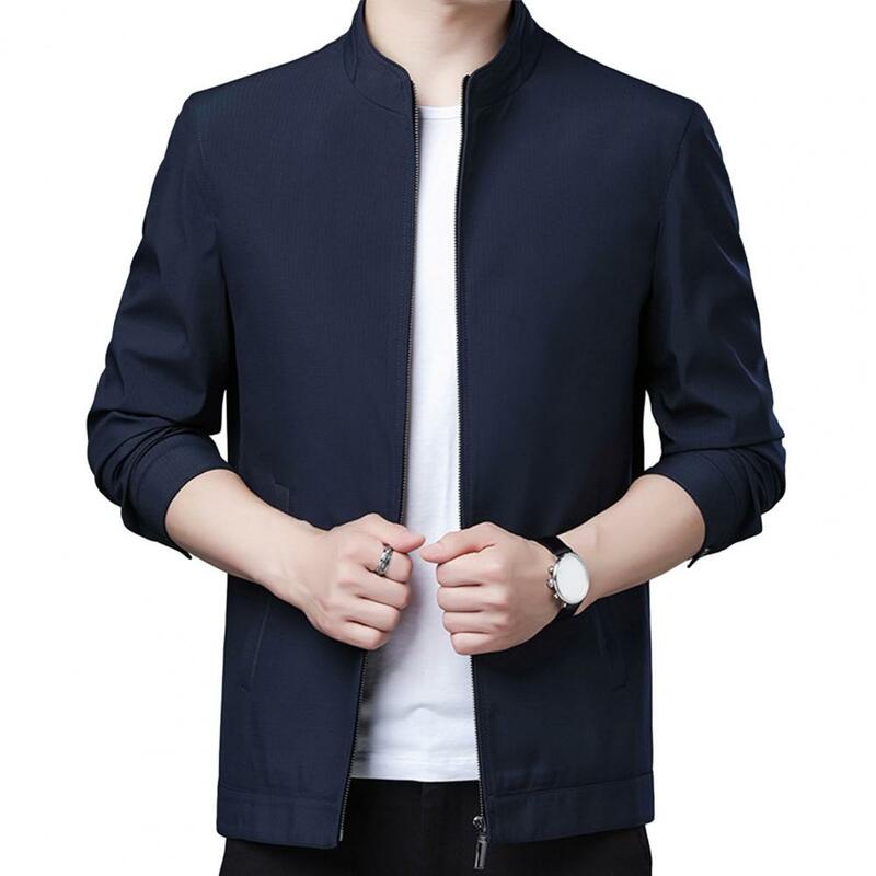 Мужская деловая куртка на молнии, однотонный кардиган с воротником-стойкой и длинными рукавами, облегающие деловые куртки с карманами для мужчин, 2019