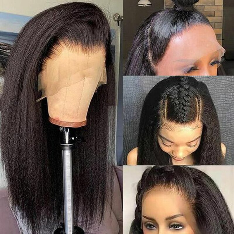 Perruque Lace Front Wig Brésilienne Naturelle, Cheveux Crépus Lisses, Yaki, 13x4, Pre-Plucked, Transparente, pour Femme