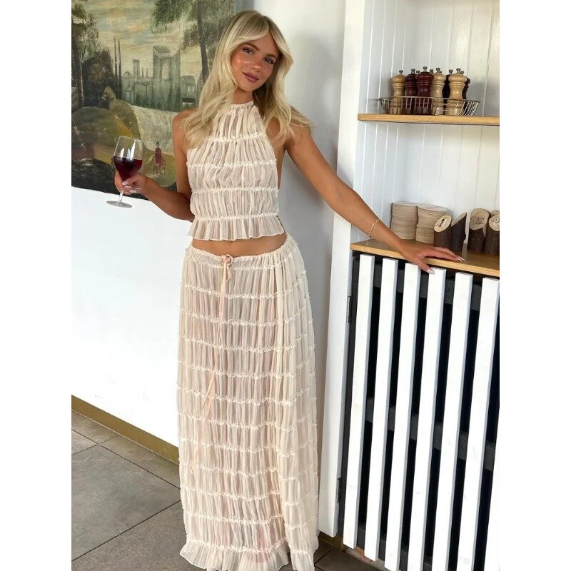 2024 Spring Summer Female 2 Piece Set Fashion Solid Halter Long Skirt Suit Women Backless Sling Top Lace Up Pleated Maxi Skirts