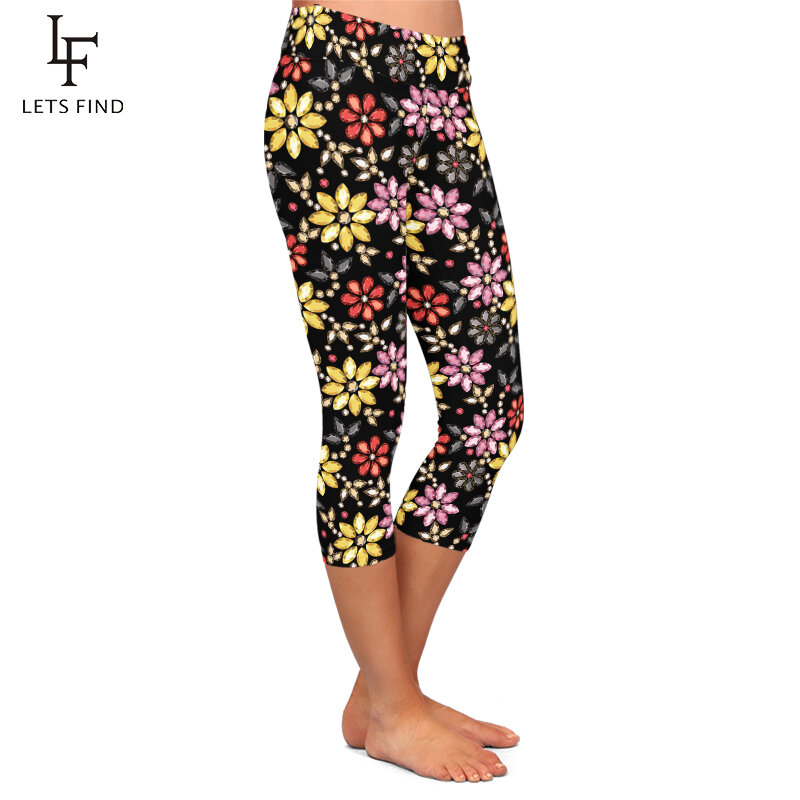 Letsfind belo diamante flor digital impresso leggings verão moda feminina fitness capri leggings