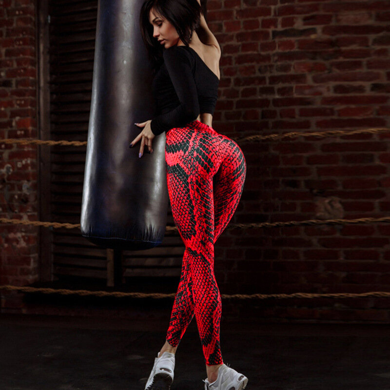 Calças esportivas impressas vermelho serpentina para mulheres, calças de ioga, corrida popular, treino